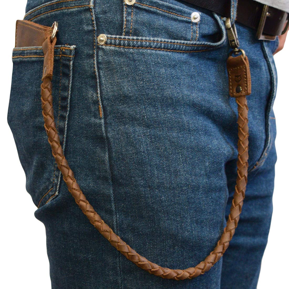Braided Biker Chain Key Lanyard - Full Grain Leather Keychain with Strap & Hook - Handmade Rustic Travel Accessories for Wallet Keys - Bourbon Brown - Perfect for Motorcycle Riders, Travelers & Everyday Carry