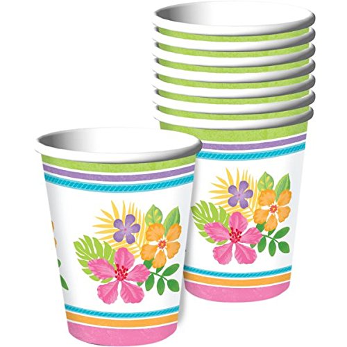 Premium 9oz Hibiscus Print Paper Cups for Summer Luau Party - Pack of 18 | Tropical Themed Disposable Tableware for Beach Parties, Poolside Gatherings & Hawaiian Theme Events