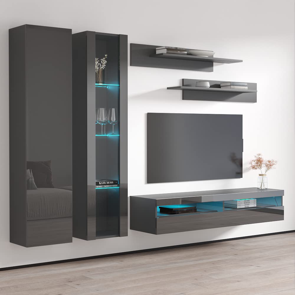 Modern Floating TV Stand with Storage & LED Lights - Wall-Mounted Entertainment Center for Bedroom & Living Room - A4 35TV Console with Shelves - Black - Perfect for Small Spaces & Home Theater Setup