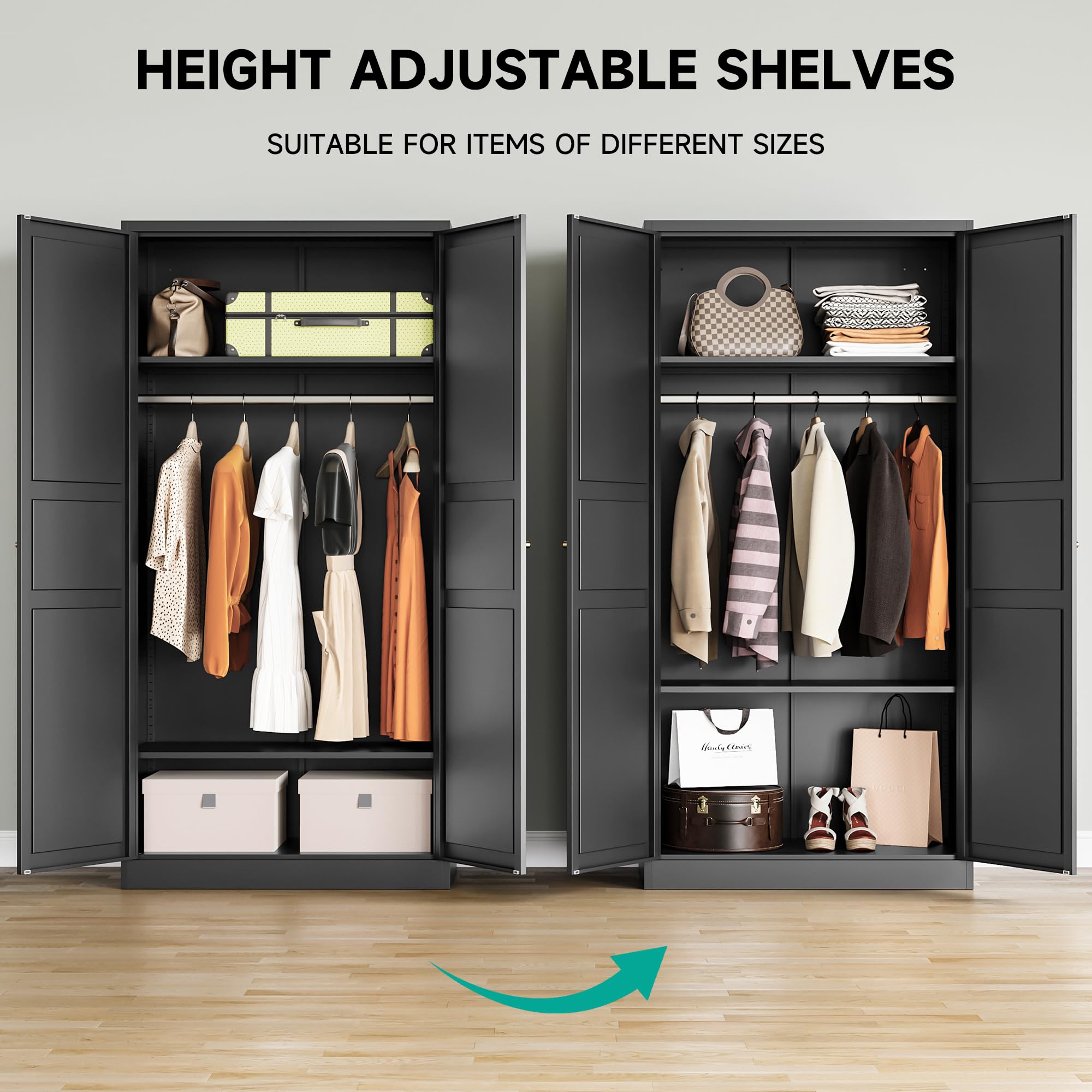 Black Metal Wardrobe Cabinet with Adjustable Shelves & Hanging Rod - 72