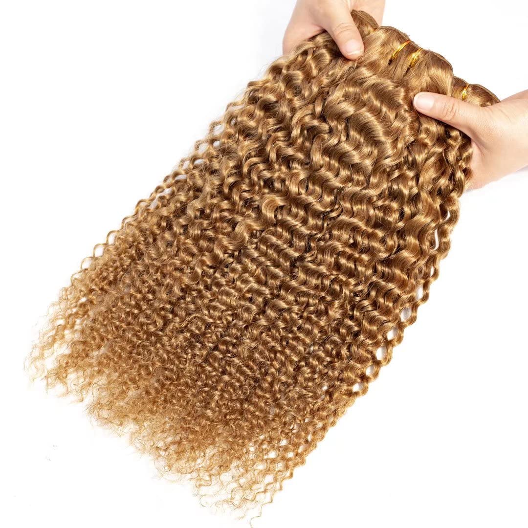 FEEL ME 18 20 22 Inch Brazilian Curly Human Hair Bundles - 27 Honey Blonde Unprocessed Virgin Hair Weave (3 Bundles) 8A Mink Kinky Curly Extensions for Natural Look & Styling | Perfect for Daily Wear, Parties & Special Occasions