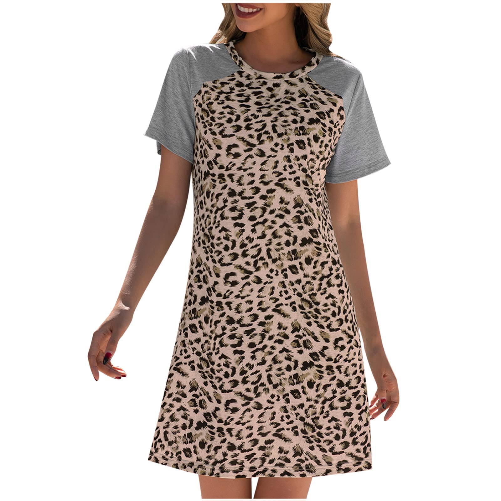 FAVIPT Women's Leopard Print Short Sleeve Summer Dress - Casual Round Neck Bohemian Mini Shirt Dress for Spring & Summer | Perfect for Beach Vacations, Date Nights & Casual Outings