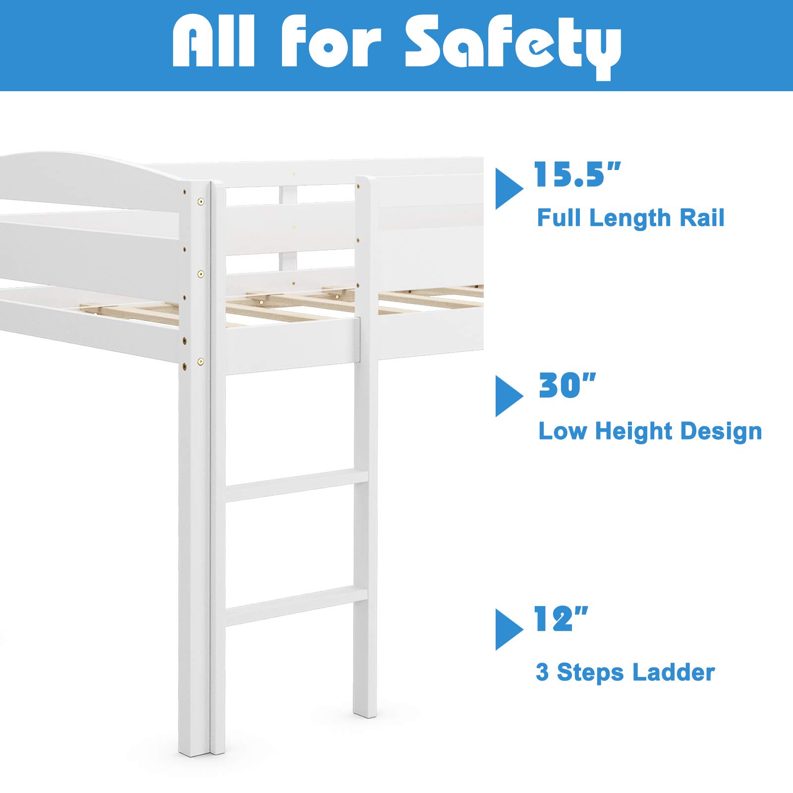 Costzon Twin Loft Bed with Guard Rail & Ladder - Solid Wood Low Loft Bed for Kids, No Box Spring Needed - Classic White Children's Bed with Storage - Perfect for Small Bedrooms, Dorm Rooms & Kids' Sleepovers