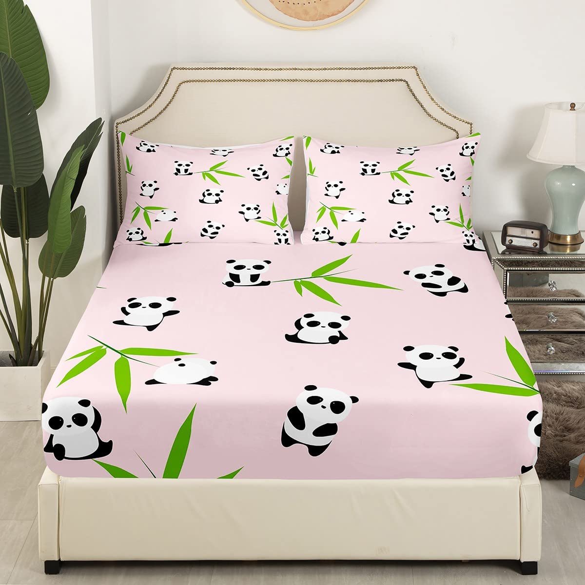 Cute Panda Printed Fitted Sheet Set for Kids - Breathable Cartoon Panda Bear Bedding, Pink Bed Cover for Boys & Girls - Queen Size - Perfect for Nursery, Bedroom Decor & Gift Giving