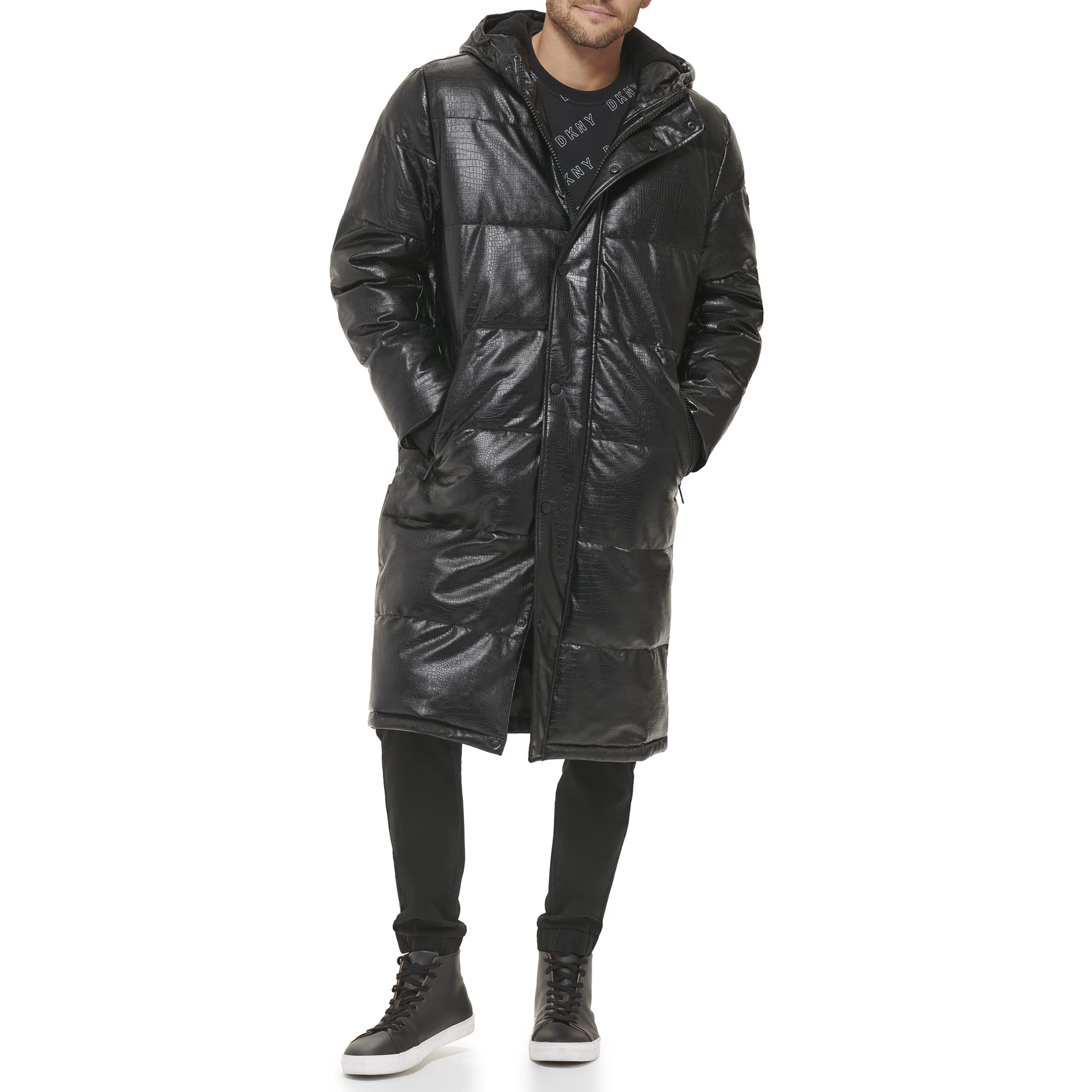 DKNY Men's Faux Leather Long Quilted Winter Coat - Stylish Warm Jacket for Outdoor Activities & Casual Wear