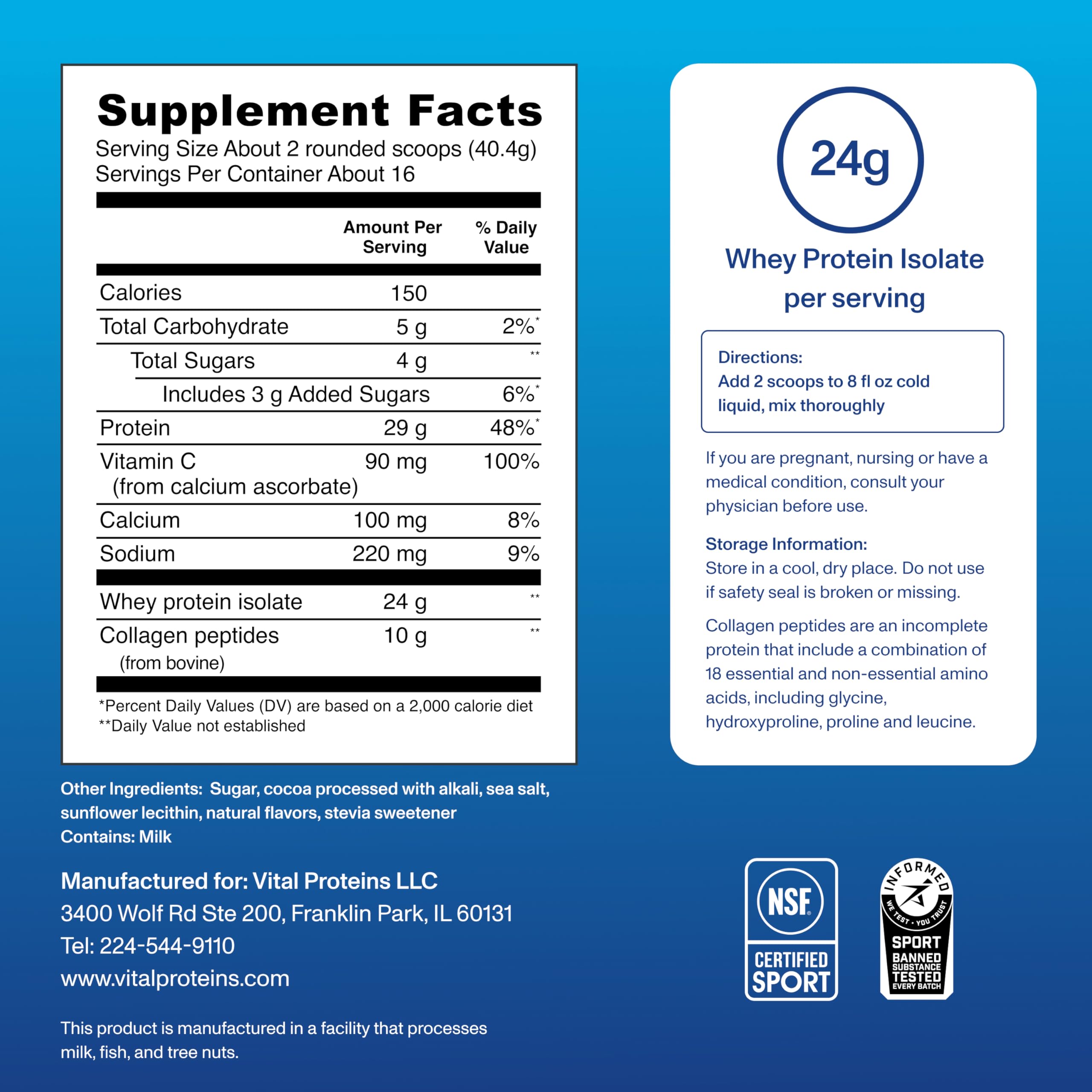 Vital Proteins Whey Protein Powder with Collagen Peptides - 24g Protein for Muscle Recovery & Joint Health, Vitamin C Enriched, Chocolate Flavor (22.8oz, 16 Servings) - Ideal for Post-Workout, Fitness Enthusiasts & Active Lifestyles