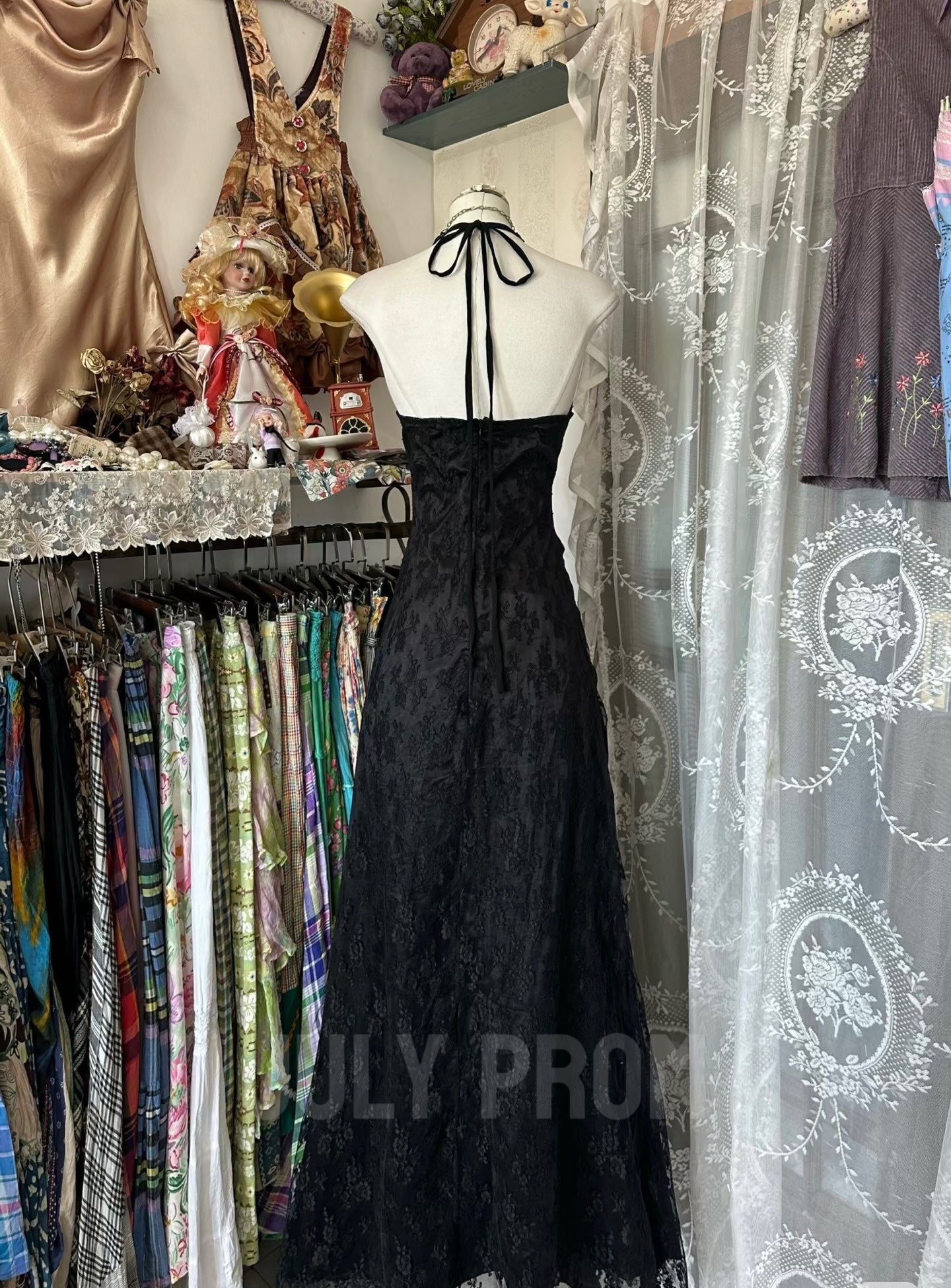 Elegant Black Lace Halter V-Neck Long Prom Dress for Formal Parties & Special Occasions - Style J4774 | Perfect for Homecoming, Evening Gala & Wedding Guest Outfits