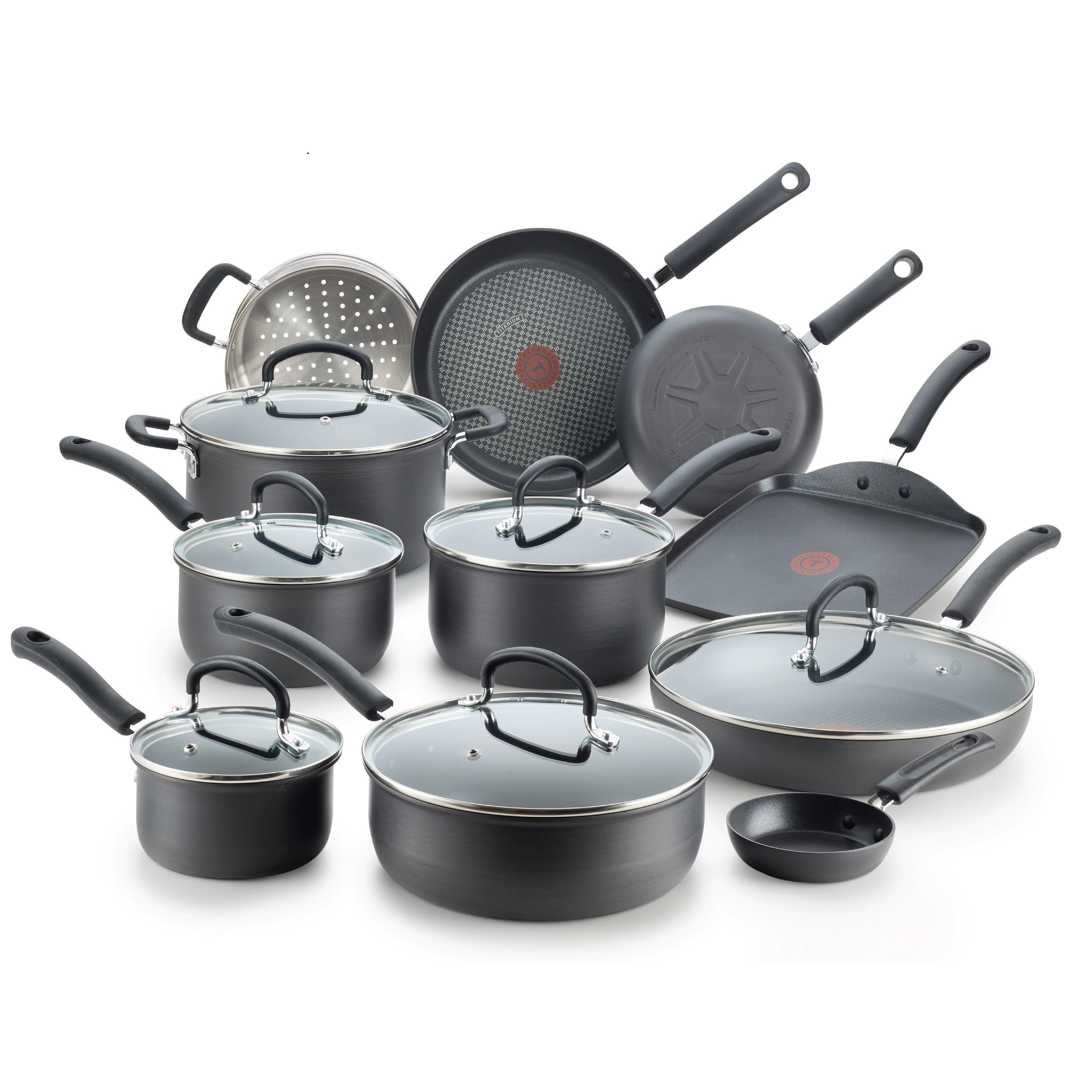 T-fal Ultimate Hard Anodized Nonstick 17-Piece Cookware Set - Oven & Broiler Safe to 400°F, Dishwasher Safe - Includes Fry Pans, Saucepans, Saute Pan & Griddle - Perfect for Family Cooking, Holiday Meals & Professional Kitchens