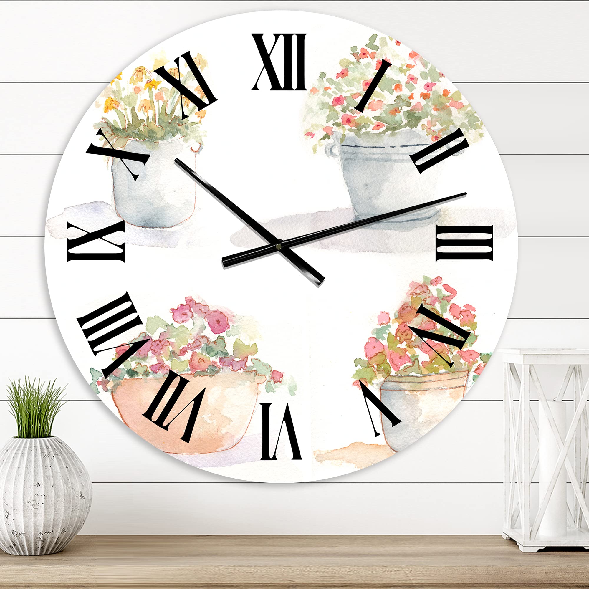 DesignQ Traditional Large Wall Clock with Four Outdoor Flower Pots Floral & Botanical Design - Perfect for Living Room, Bedroom & Office Decor