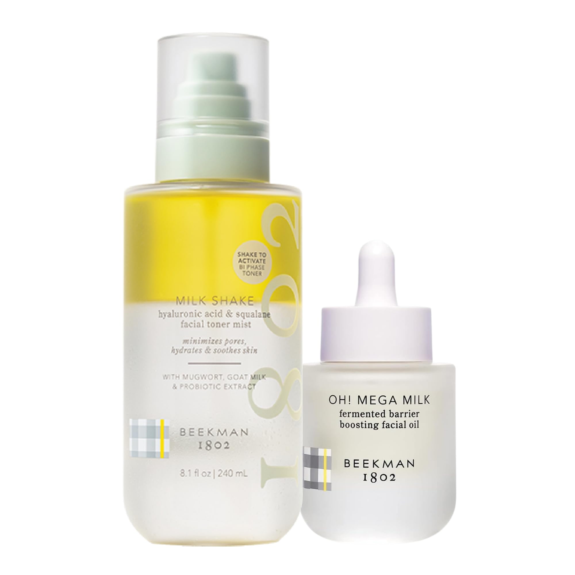 Beekman 1802 Hydrating Milk Shake Toner & Face Mist (8.1 fl oz) + Oh Mega Milk Facial Oil (1 fl oz) - Sensitive Skin Care Set - Cruelty Free & Vegan - Perfect for Daily Hydration & Glowing Skin Routine