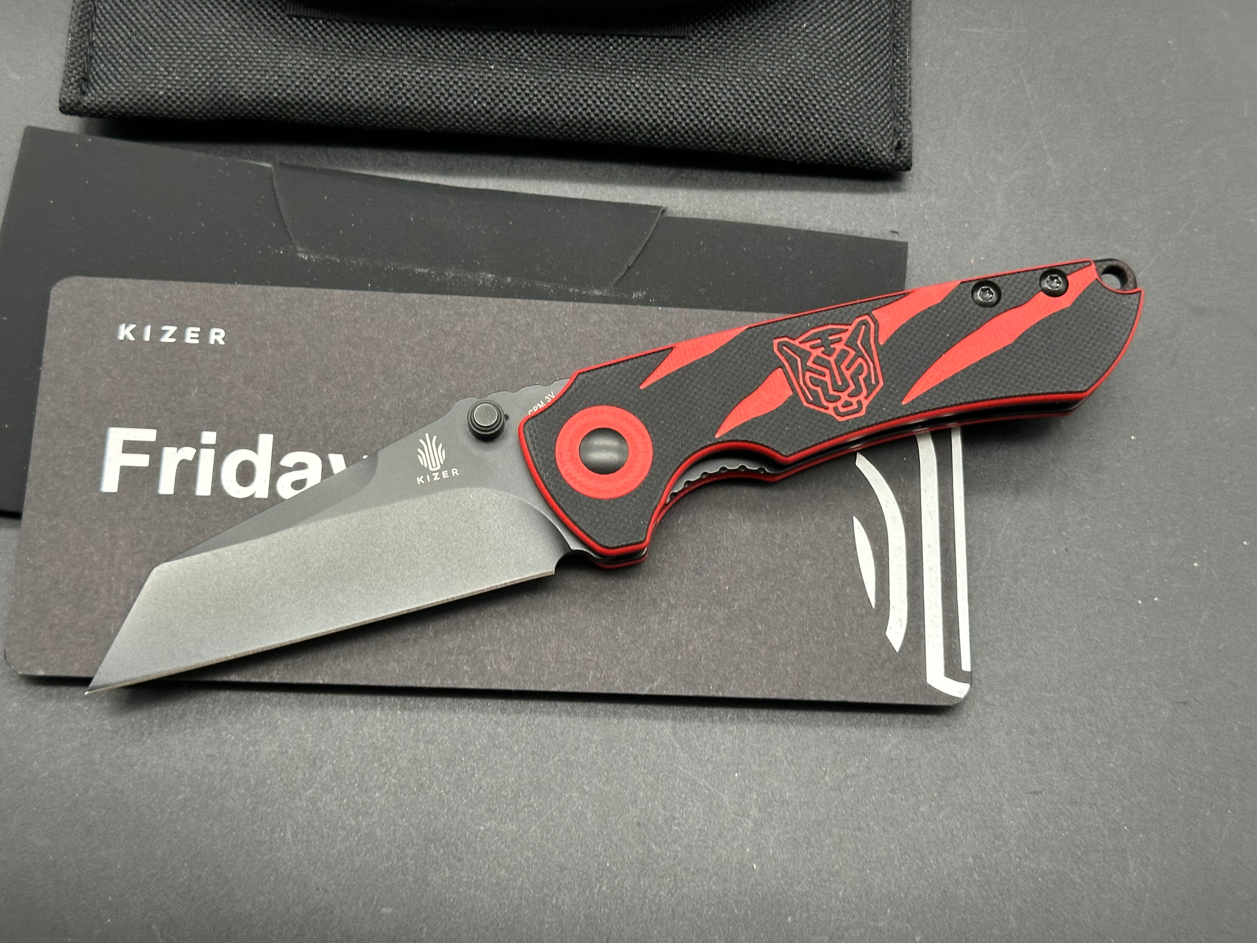 Kizer Friday Club Tiger Mini Critical Folding Knife - 3V Steel Blade, Black & Red G10 Handle - EDC Pocket Knife for Outdoor Camping, Hiking & Everyday Carry