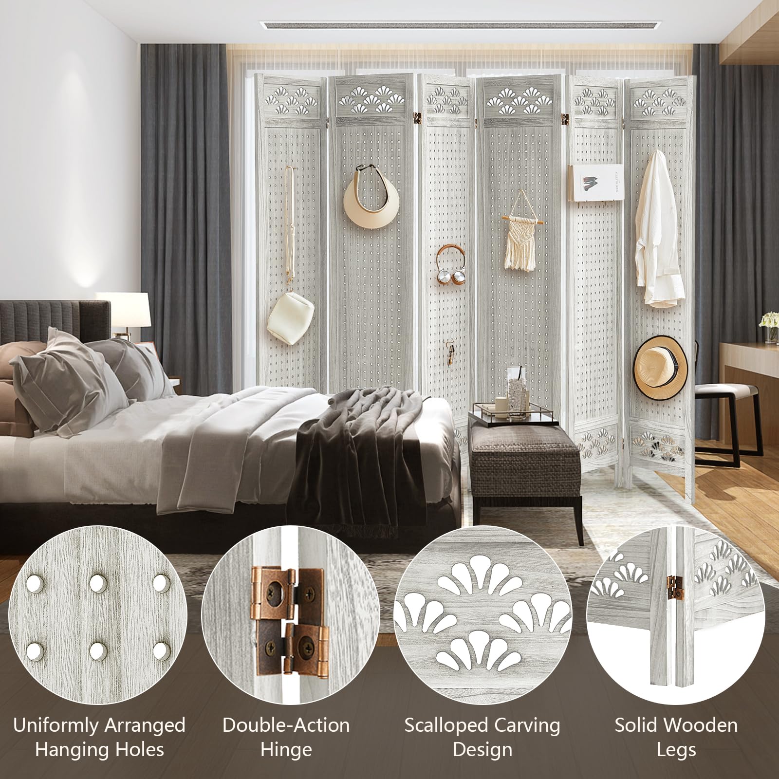6 Panel Wooden Room Divider with Pegboard & 24 Hooks - Portable Folding Privacy Screen for Craft Shows, Jewelry Displays, Home & Store Organization - Perfect for Bedroom Partition, Retail Displays & Event Booths