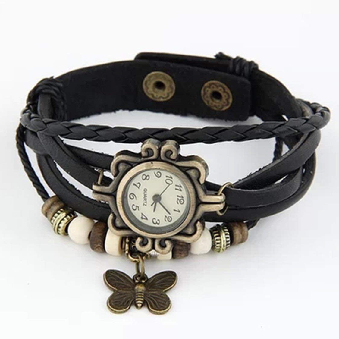 Trendy Women's Watch with Leather Strap & Butterfly Pendant - Black for Casual & Travel