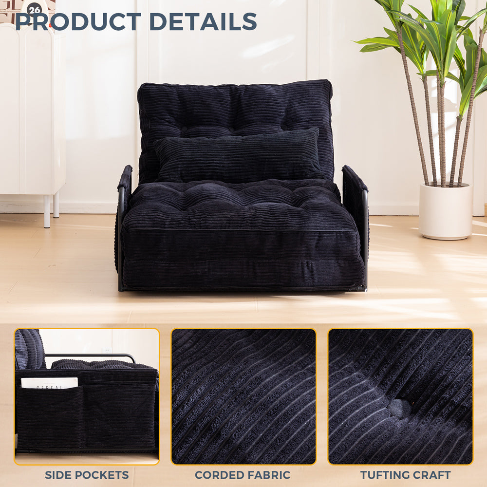 MAXYOYO Adjustable Floor Sofa Couch - 5 Position Foldable Lazy Sofa Sleeper Bed with Pillow & Armrest - Single Size Black for Living Room, Bedroom & Small Spaces