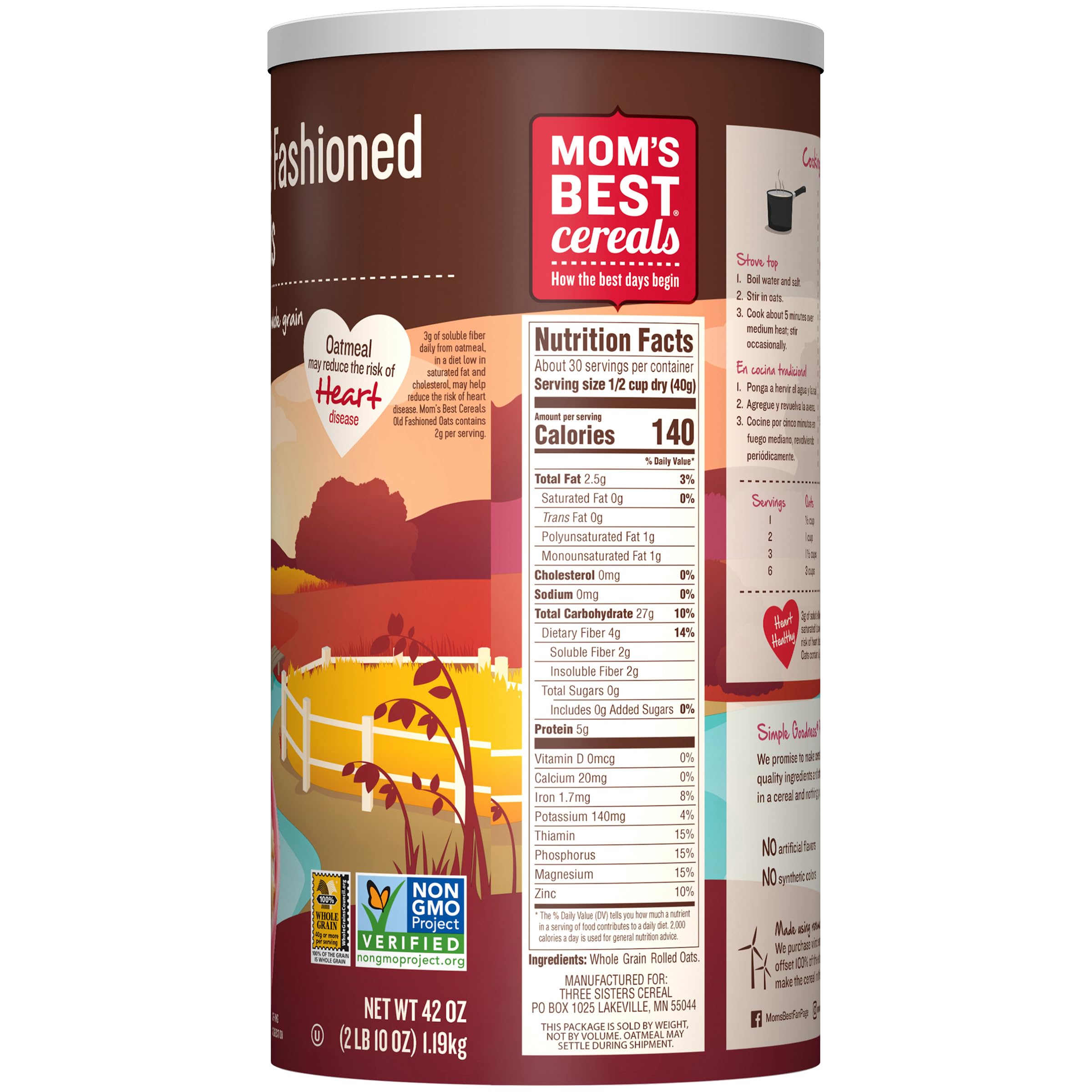 Mom's Best Old Fashioned Oats - Whole Grain Hot Cereal, 42oz Canister | Healthy Breakfast, Baking & Cooking Ingredient for Oatmeal, Cookies & Smoothies