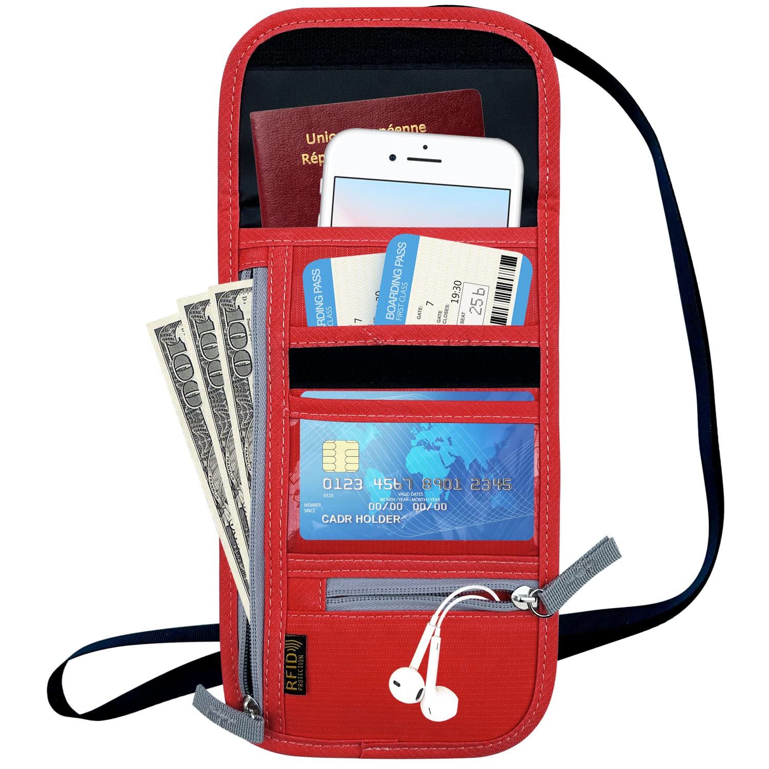 RFID Blocking Travel Neck Wallet - Adjustable Passport Holder for Men & Women to Secure Cash, Credit Cards & Travel Documents (Red) | Ideal for Airports, Cruises & International Trips