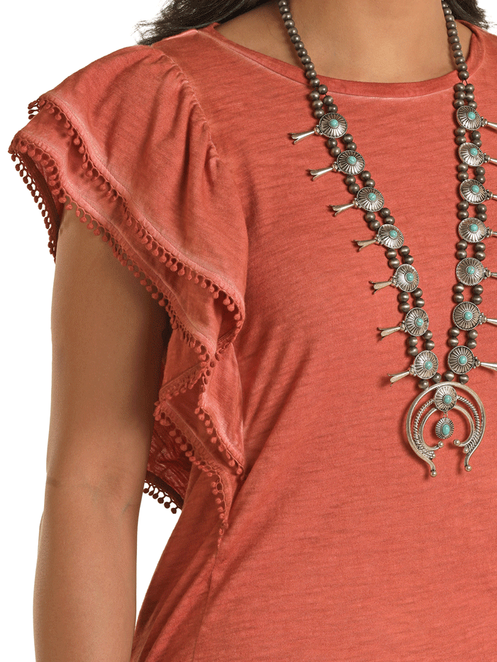 Panhandle LW51T03403 Women's Flutter Sleeve T-Shirt with Dot Trim - Orange Rust Color, Casual Summer Top for Outings & Beach Wear