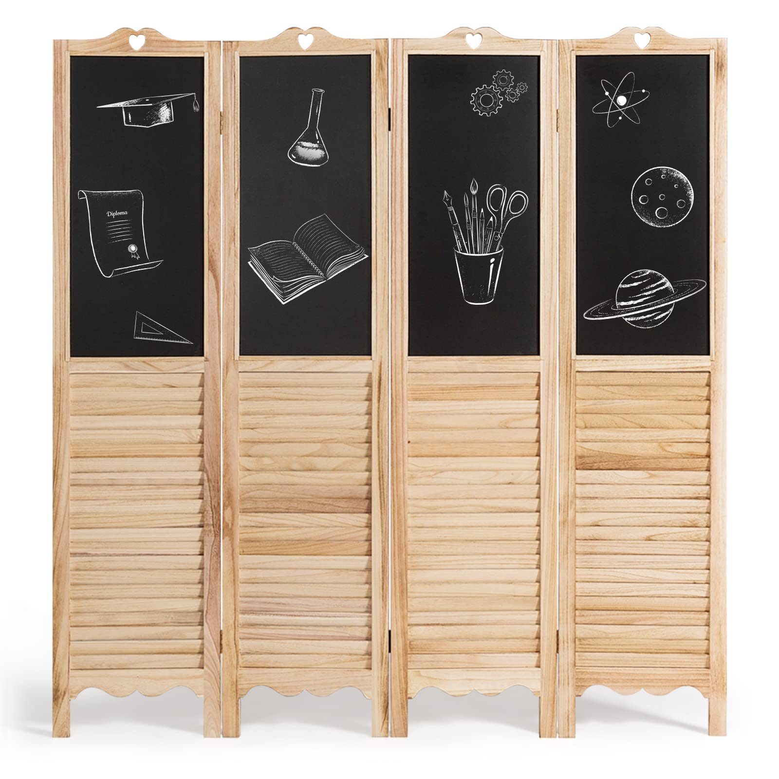 Happygrill 4 Panel Wooden Room Divider with Chalkboard - 5.7 Ft Tall Folding Privacy Screen & Louvered Partition for Bedroom, Office, Living Room, Restaurant - Perfect for Creating Private Spaces, Home Decor & Commercial Use
