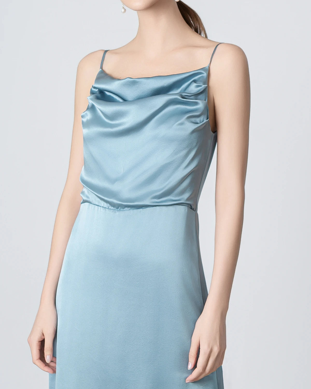 Elegant Pleated Cowl Neck Slit Maxi Silk Dress for Women - Perfect for Weddings, Parties & Evening Events