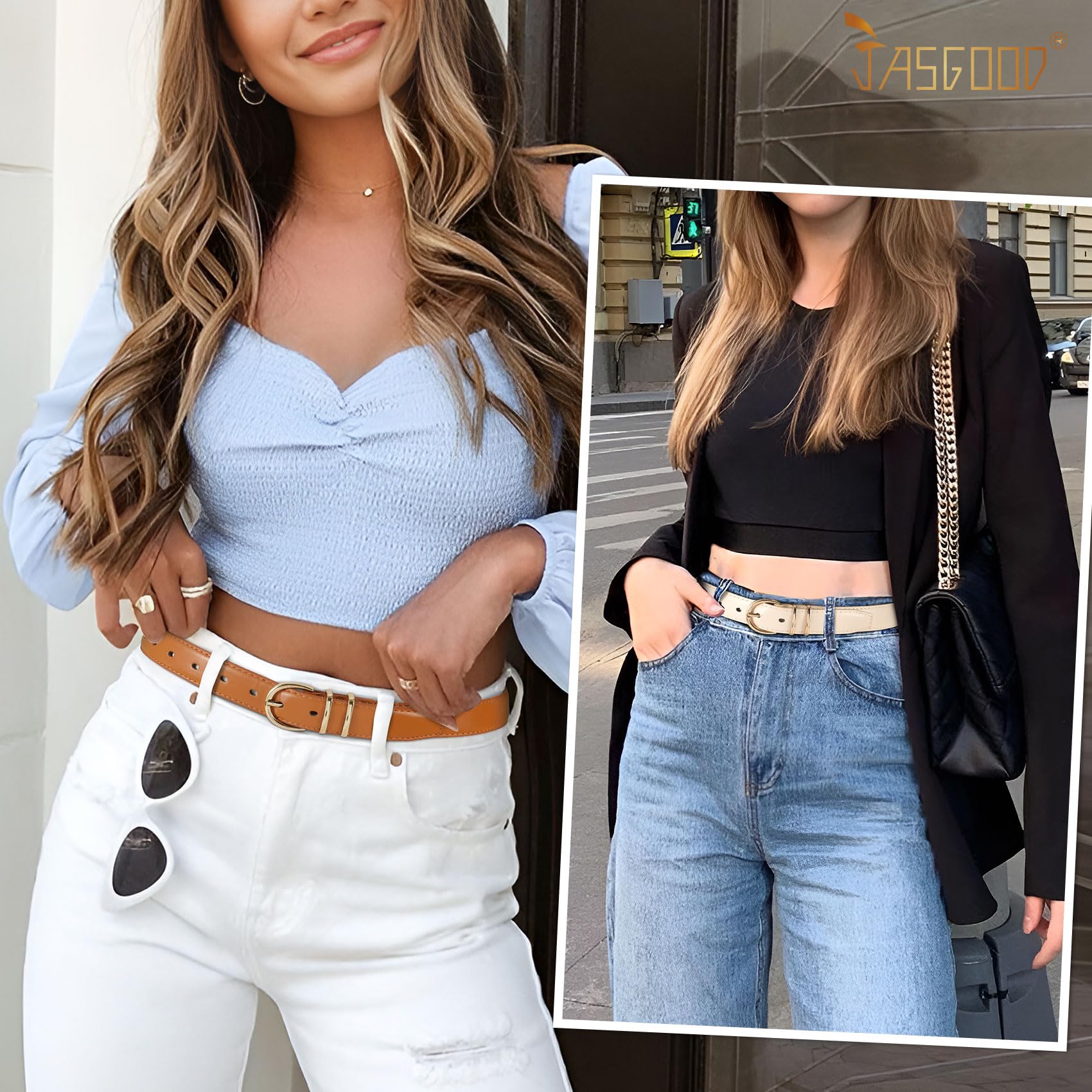 JASGOOL 3 Pack Genuine Leather Belts for Women - Stylish Gold Buckle Waist Belts for Jeans & Pants | Perfect for Casual Outfits, Office Wear & Everyday Fashion