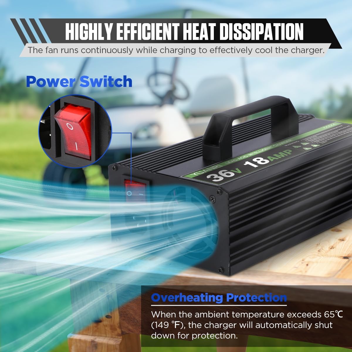 36V EZGO TXT Golf Cart Battery Charger 18 AMP with LCD Display - 16 FT Cable for Lead-Acid Batteries (1996-Present Models) | Perfect for Home, Golf Course & RV Use