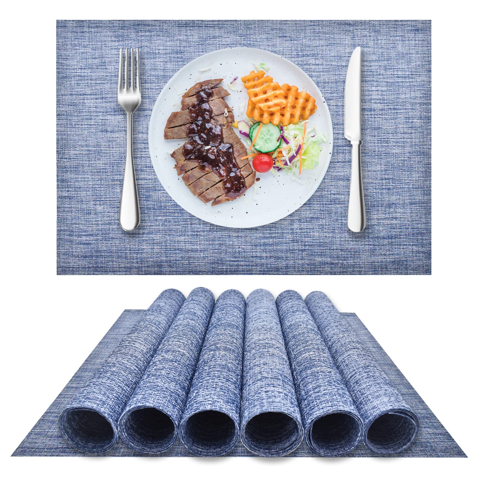 6-Pack Woven Vinyl Placemats for Dining Table - Waterproof & Washable Indoor/Outdoor Placemat Set (Blue) - Perfect for Kitchen, Patio, Picnic & Party Use