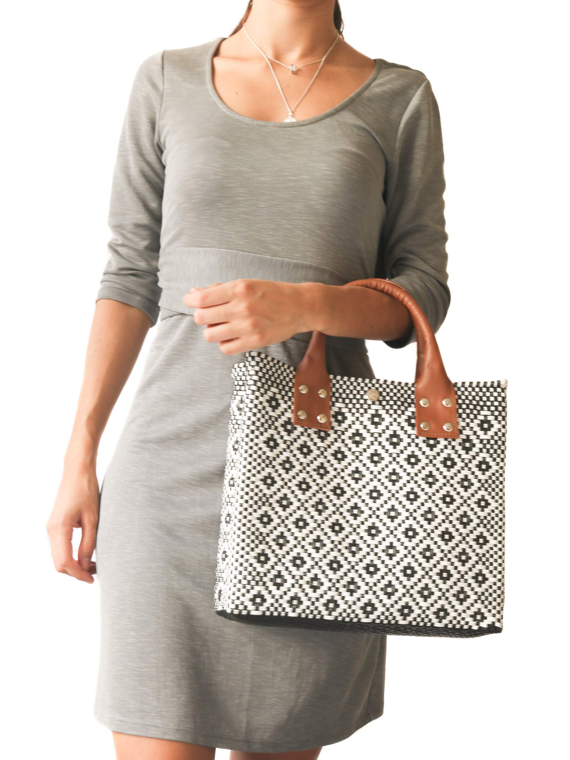Eco-Friendly Panda Large Woven Crossbody Bag with Tan Leather Handles - Handwoven Recycled Plastic Purse, Mexican Woven Tote for Women | Perfect Summer Bag, Work Bag & Everyday Purse for Office, Travel & Shopping