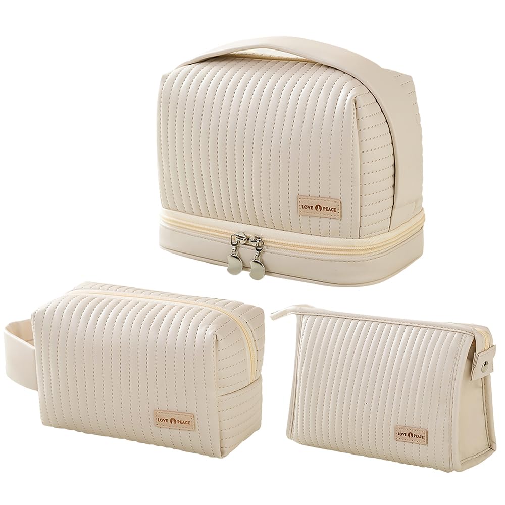 Waterproof Leather Cosmetic Bag Set of 3 - Cute Travel Makeup Organizer with Handle & Zipper for Women | Portable Toiletry Bags for Travel, Gym & Daily Use (Off-White)