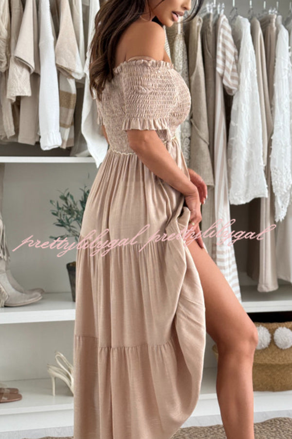 Elegant Solid Color Off-the-Shoulder Pleated Waist Midi Dress for Women - Perfect for Summer Parties, Beach Vacations & Date Nights