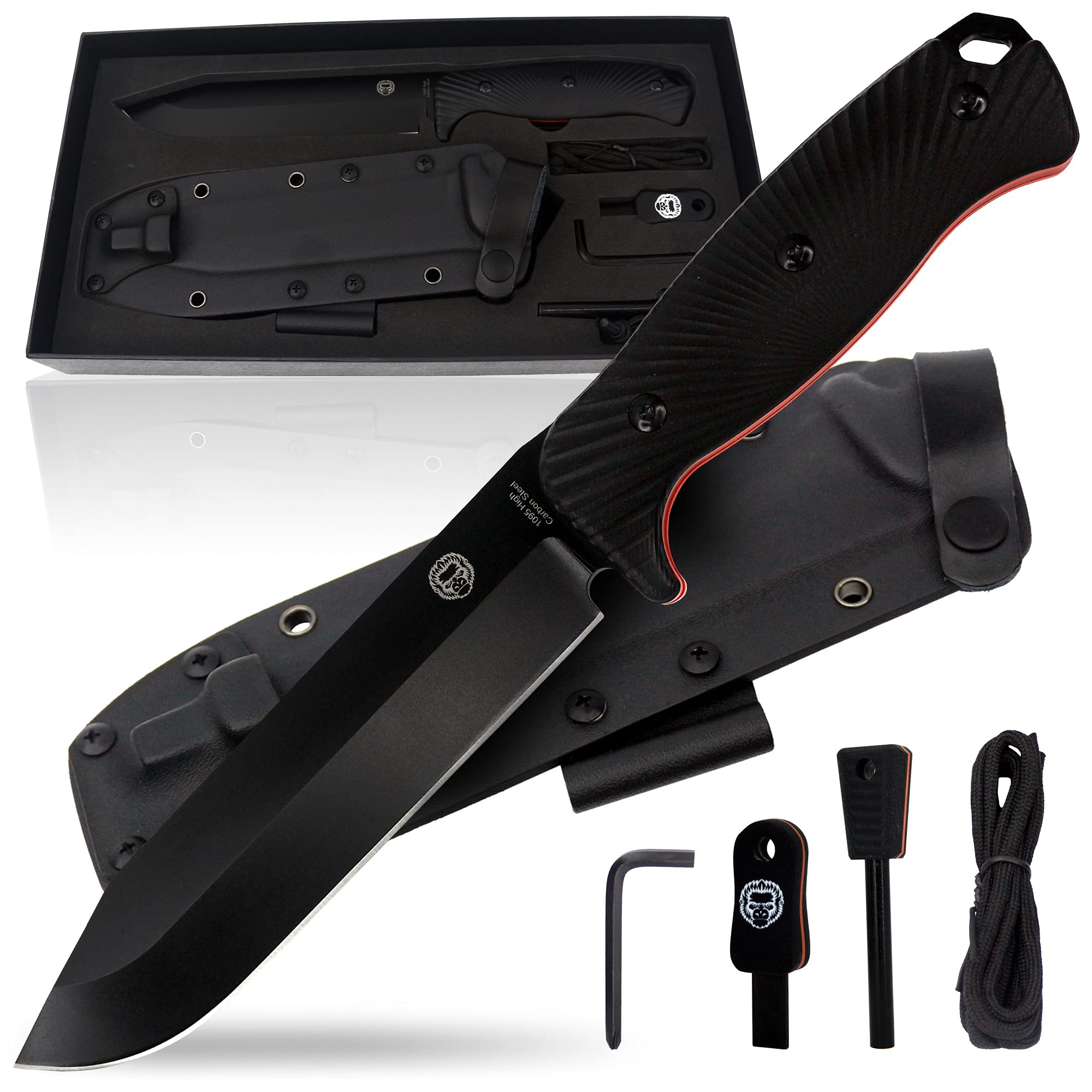 Bushcraft Survival Camping Knife - 1095 High Carbon Steel Fixed Blade Hunting Knife with Sheath | Fire Starter, G10 Scraper & Paracord | Outdoor Chopping Knife | Full Tang Large Survival Knife Kit in Gift Box (Black & Orange) | Perfect for Wilderness Adventures, Hunting Trips, and Emergency Preparedness