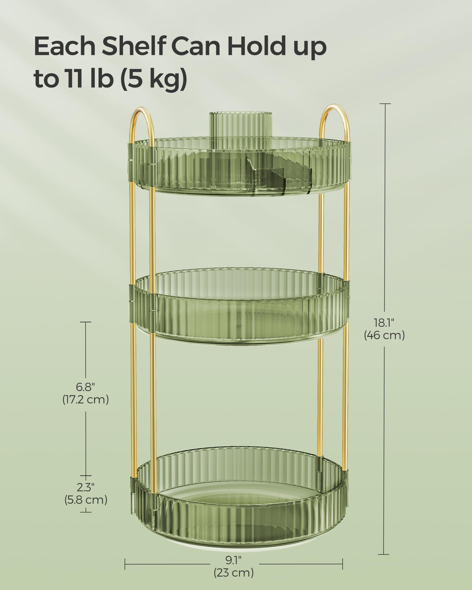 SONGMICS 3-Tier Rotating Makeup Organizer | Round Skincare & Toiletries Vanity Organizer with Lazy Susan | Customizable Cosmetic Storage | Perfect for Bathroom Countertop, Dressing Table & Gift Giving | Pale Green UJKA011C01