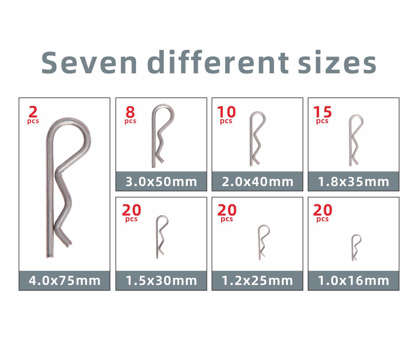 Heavy Duty Stainless Steel Cotter Pins Assortment Kit - 95PCS 7 Sizes (1.0-4.0mm) R Clips with Trailer Hitch Pins - Spring Fasteners for Automotive, Machinery & DIY Projects