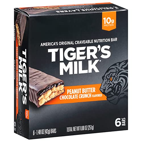 Tiger's Milk Protein Bar - Peanut Butter Chocolate Crunch Flavor, 6 Pack | High Protein Snack for Workout Recovery, Energy Boost & On-the-Go Nutrition | Perfect for Gym, Hiking & Office Snacking
