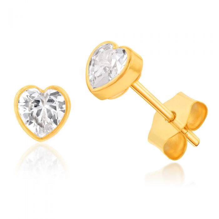 9ct Yellow Gold Bezel Set Heart Shape Cubic Zirconia Stud Earrings for Women - Valentine's Day Gift, Anniversary Present, Romantic Jewelry for Her