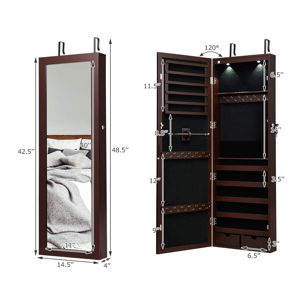 MAT EXPERT Wall/Door Mounted Jewelry Armoire with LED Lights - Lockable Jewelry Cabinet, Full-Length Mirror & Drawers - Jewelry Organizer for Necklaces, Rings & Makeup (Brown) - Perfect for Bedroom, Closet & Dressing Room Storage