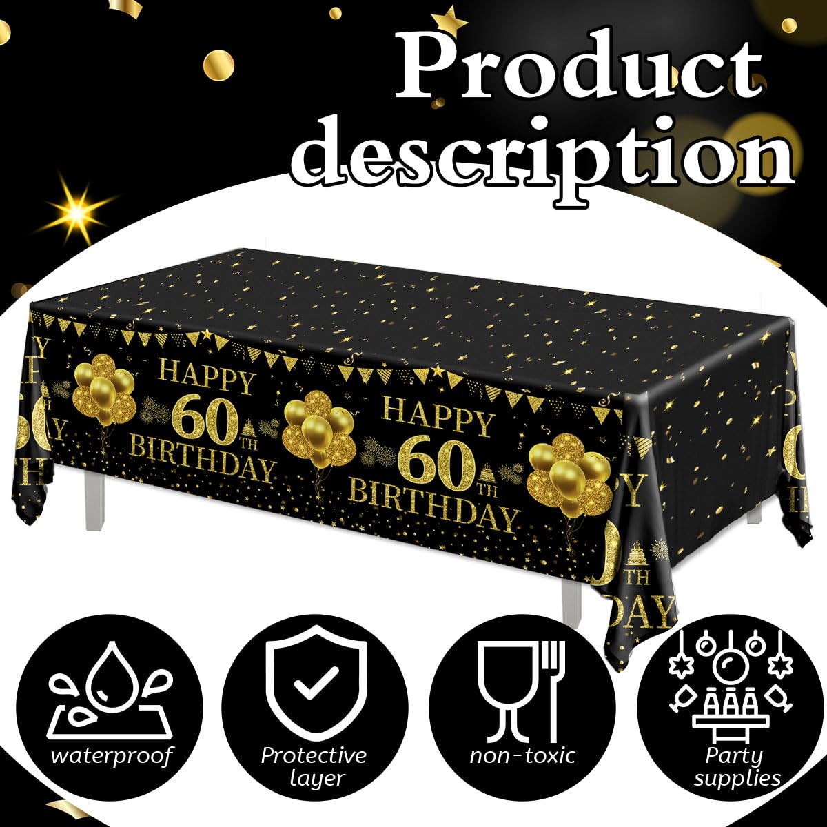 3Pcs Black and Gold 60th Birthday Tablecloth Set - Elegant Rectangle Table Decor for 60 Year Old Birthday Party, Anniversary Celebration & Retirement Party Decorations - Perfect for Dining Table, Buffet Table, and Dessert Table Setup
