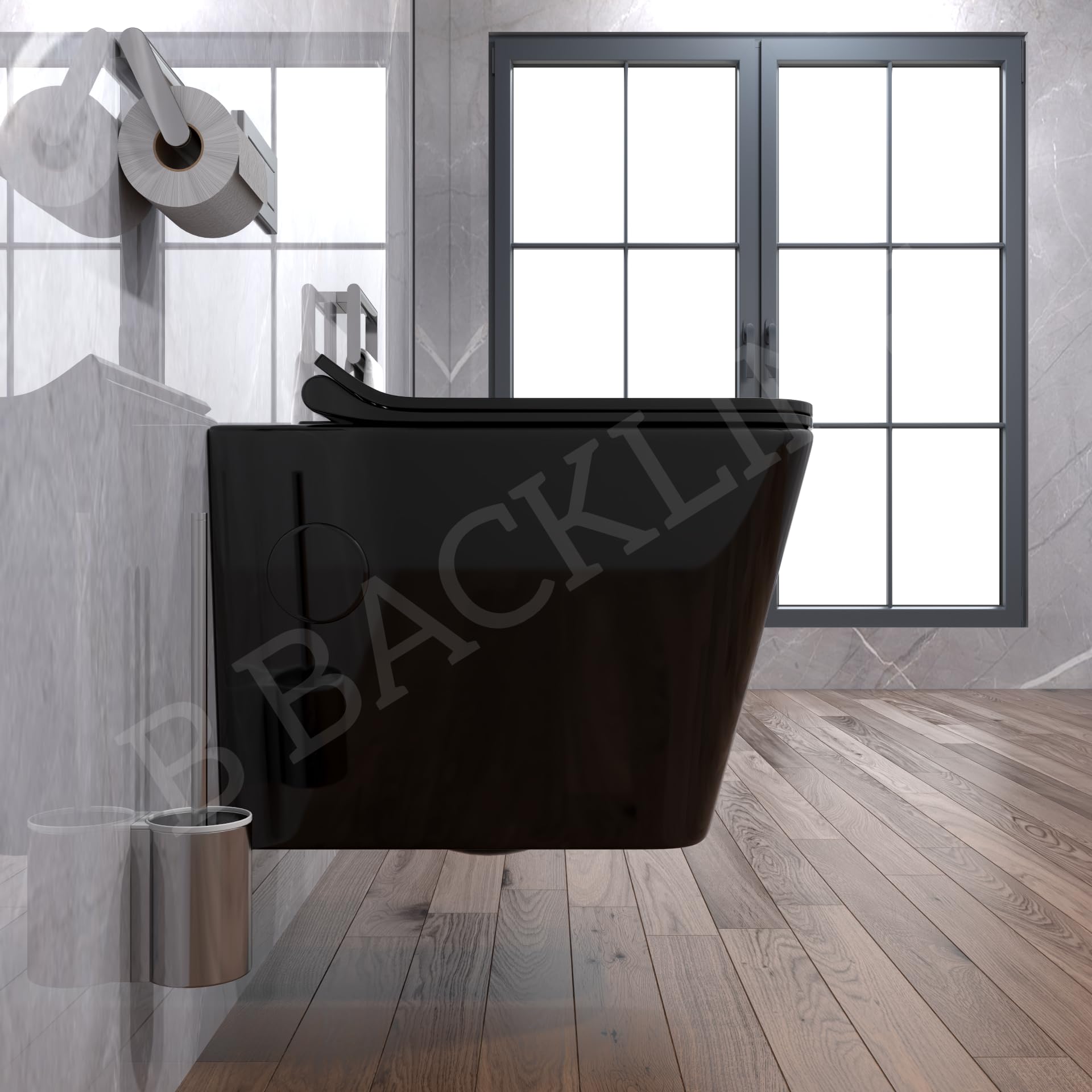 Premium Ceramic Wall-Mounted Rimless Western Toilet with Soft-Close Seat - Modern Black Glossy Bathroom Commode (P-Trap Outlet) for Home, Hotel & Luxury Spaces