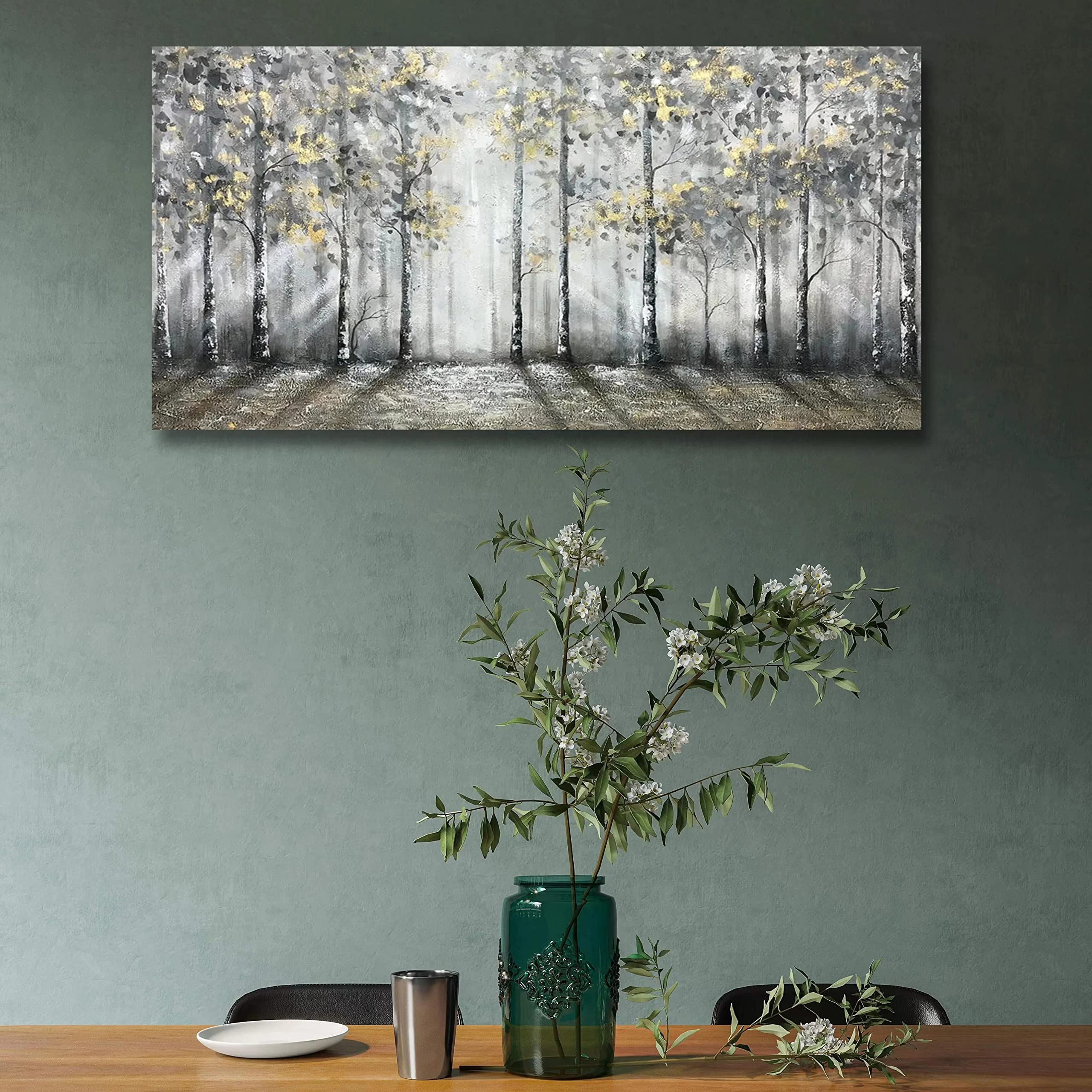 V-inspire Art - 24x48 Inch Hand-Painted Modern Impressionist Tree Oil Painting on Canvas | Large Gray Wall Decor for Living Room, Bedroom & Office | Acrylic Knife Painting Technique