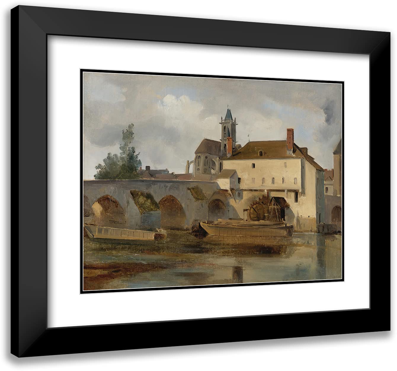 Jean-Baptiste-Camille Corot 'Moret Sur Loing, the Bridge and the Church' 24x19 Inch Black Modern Framed Art Print with Double Mat - Museum Quality Wall Decor for Living Room, Office & Gallery Display