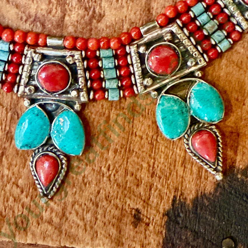 Handmade Tibetan Alpaca Silver Necklace with Turquoise & Coral Beads – Perfect for Boho Fashion, Spiritual Jewelry & Gift Giving