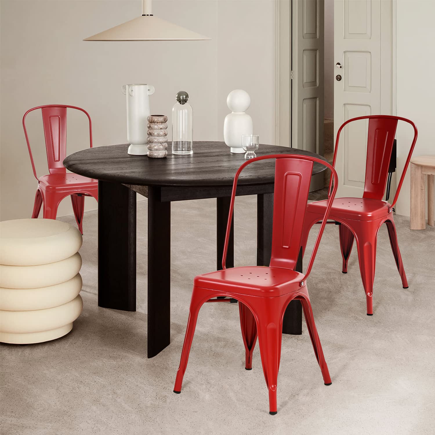 4 Pack Metal Dining Chairs - Indoor/Outdoor Stackable Kitchen & Patio Chairs with Back Support, 330 lbs Weight Capacity (Red) - Perfect for Restaurants, Cafes, Backyards and Home Dining Rooms