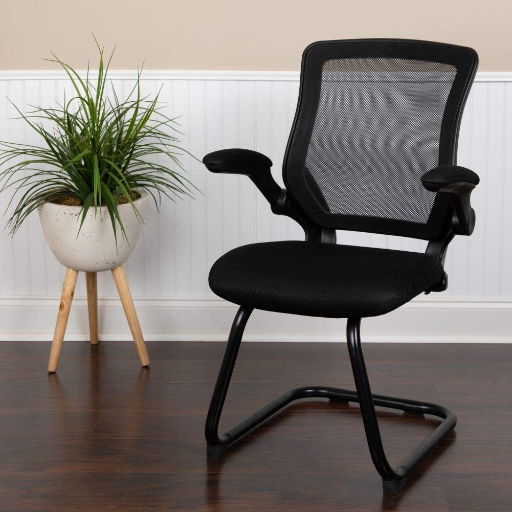 Flash Furniture Kale Black Mesh Sled Base Side Reception Chair with Flip-Up Arms - Ergonomic Office Guest Seating for Lobby, Waiting Room & Reception Area