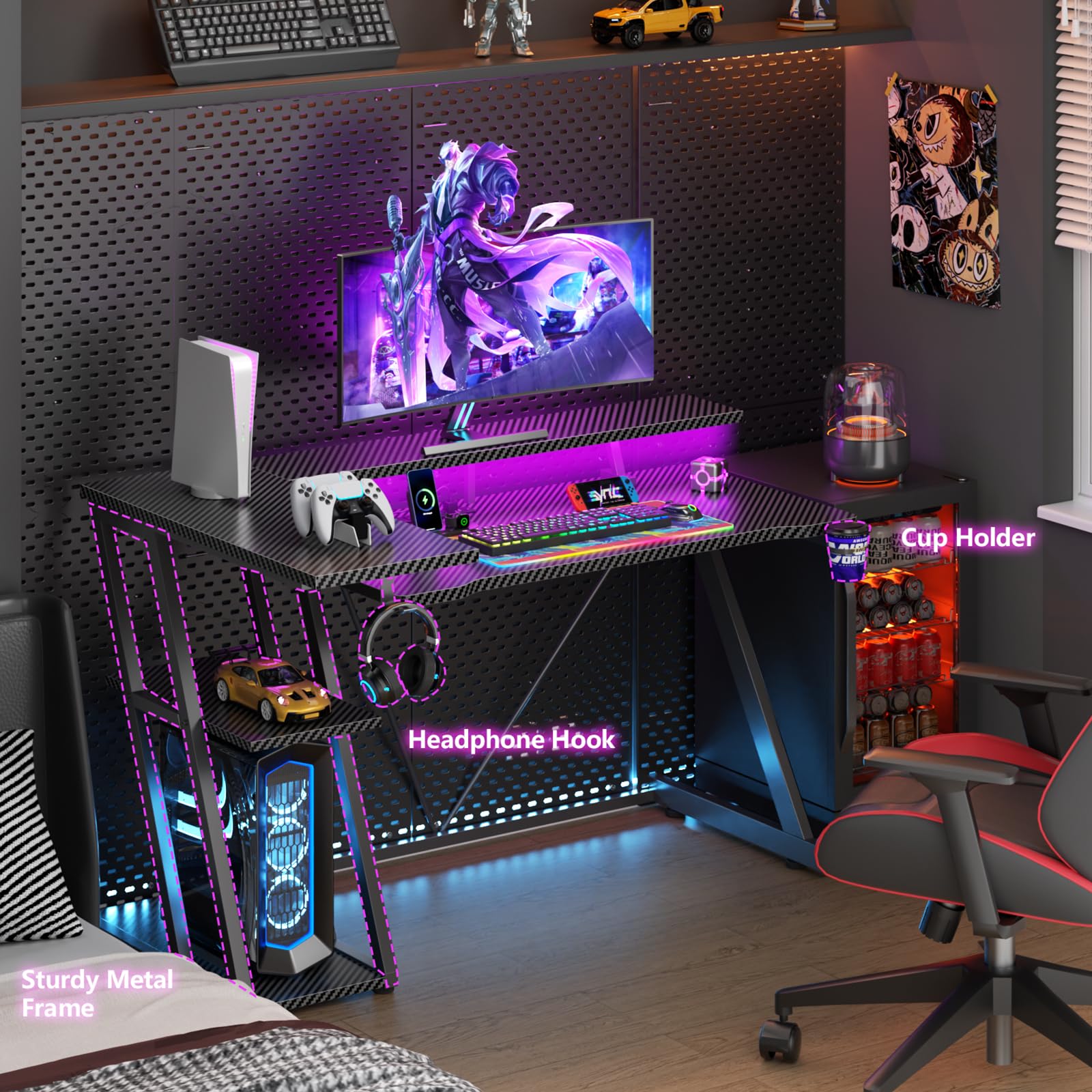 47 Inch Gaming Desk with Power Outlet & LED Lights - Ergonomic Corner Computer Desk with 3-Tier Storage Shelves & Monitor Stand - Carbon Fiber Black Home Office Desk for Small Spaces | Perfect for Gaming Setup, Workstation & Compact Home Offices