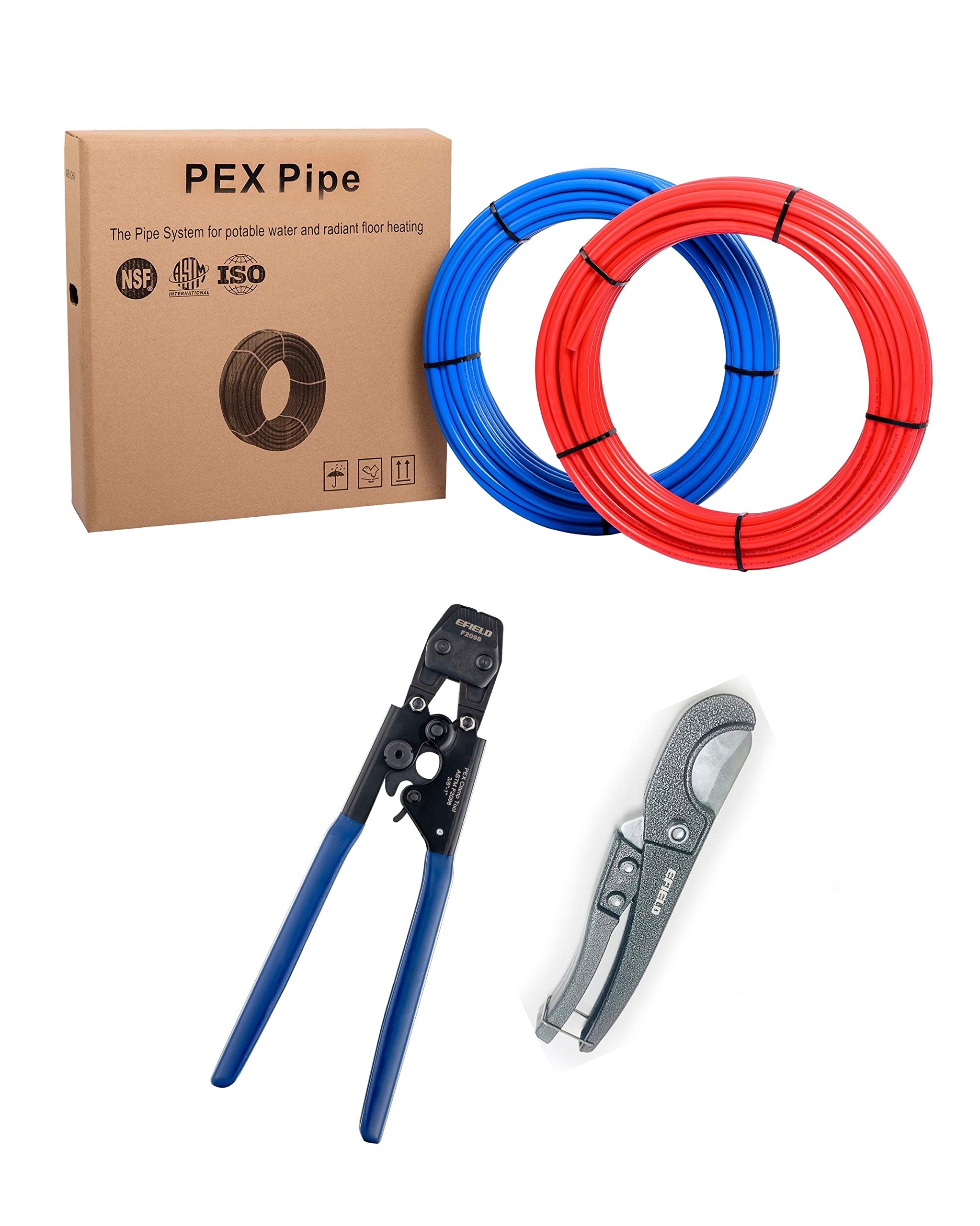 EFIELD 3/4 Inch PEX-B Pipe Tubing Combo - Blue & Red (2x75ft Rolls, 150ft Total) with PEX Cinch Clamp Crimping Tool & Pipe Cutter - Perfect for Plumbing, Hydronic Heating & DIY Water Supply Projects