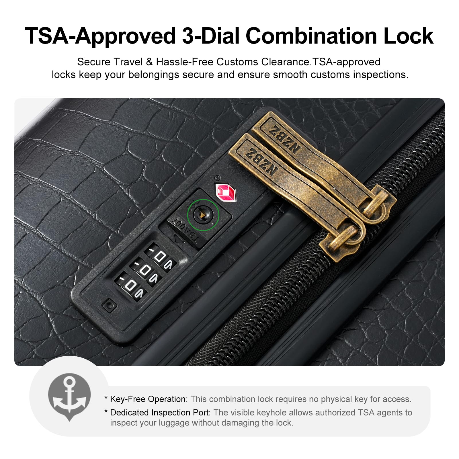 Vintage Crocodile Pattern 3-Piece Faux Leather Luggage Set - 20/24/28 Inch Hardside Spinner Suitcases with TSA Lock & Rose Gold Telescopic Handle, Black - Perfect for Business Travel, Vacation & Airplane Carry-On