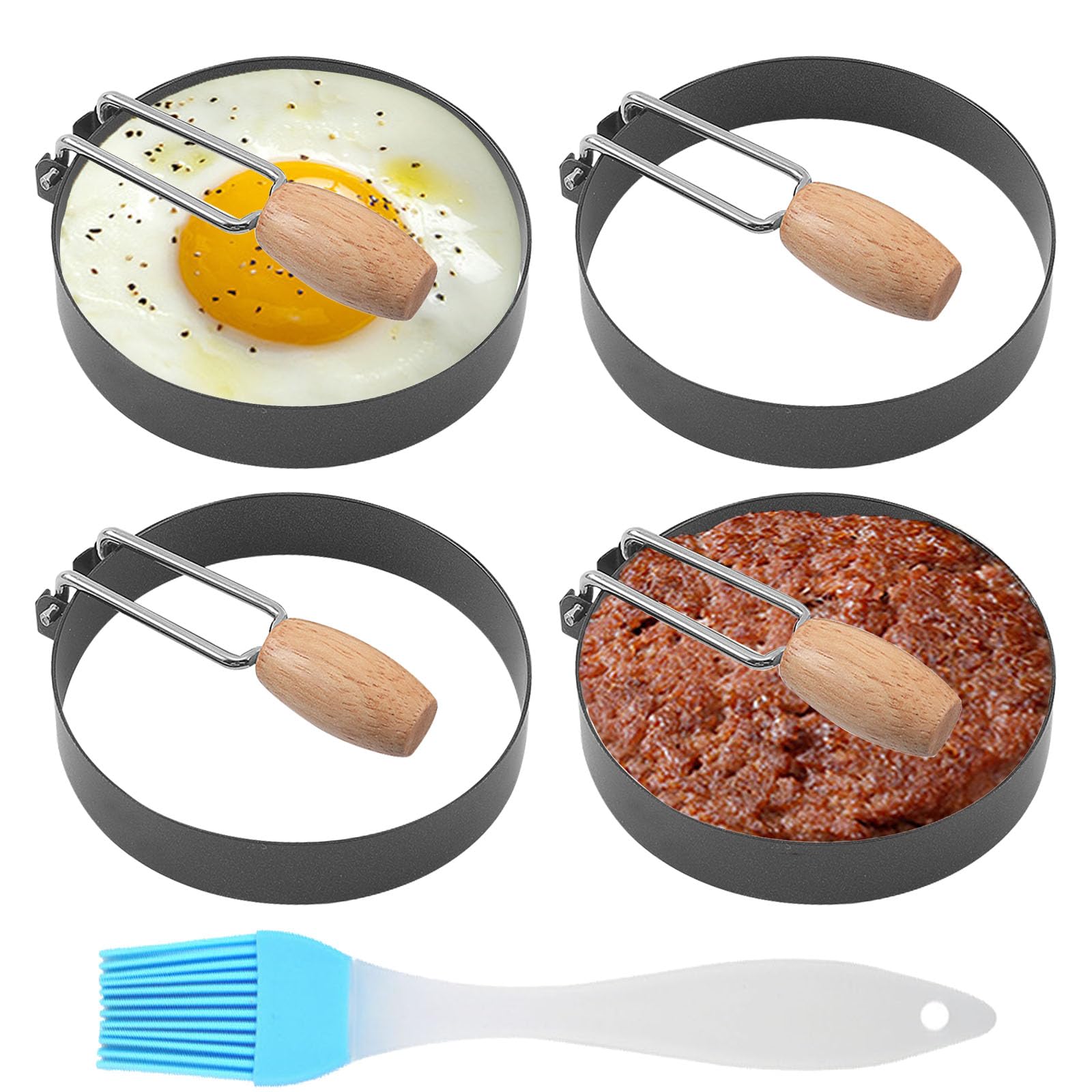 4Pcs Stainless Steel Egg Rings with Wooden Handle - 3.5 Inch Nonstick Fried Egg Cooker Mold for Perfect Round Eggs - Includes Oil Brush - Ideal for Breakfast Sandwiches, English Muffins & Pancakes - Great for Home Cooking, Camping & Brunch Preparation