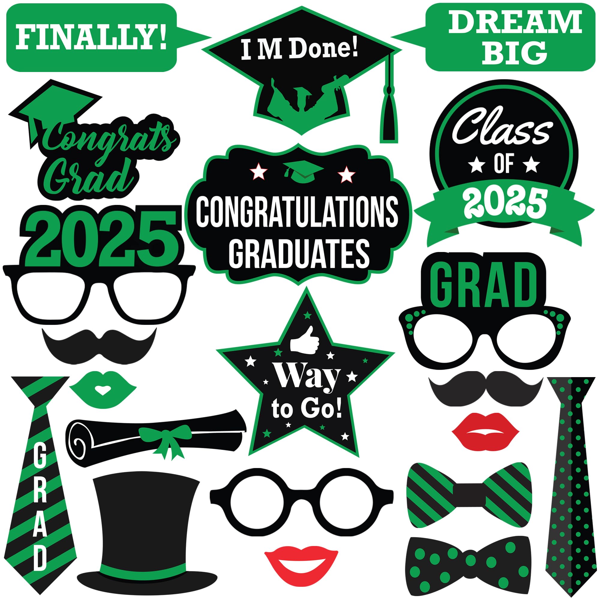 2025 Graduation Photo Booth Props Kit - 21-Piece Green & Black Graduation Decorations for Parties, Ceremonies & Celebrations | Perfect for Graduation Photos, Social Media & Yearbook Memories