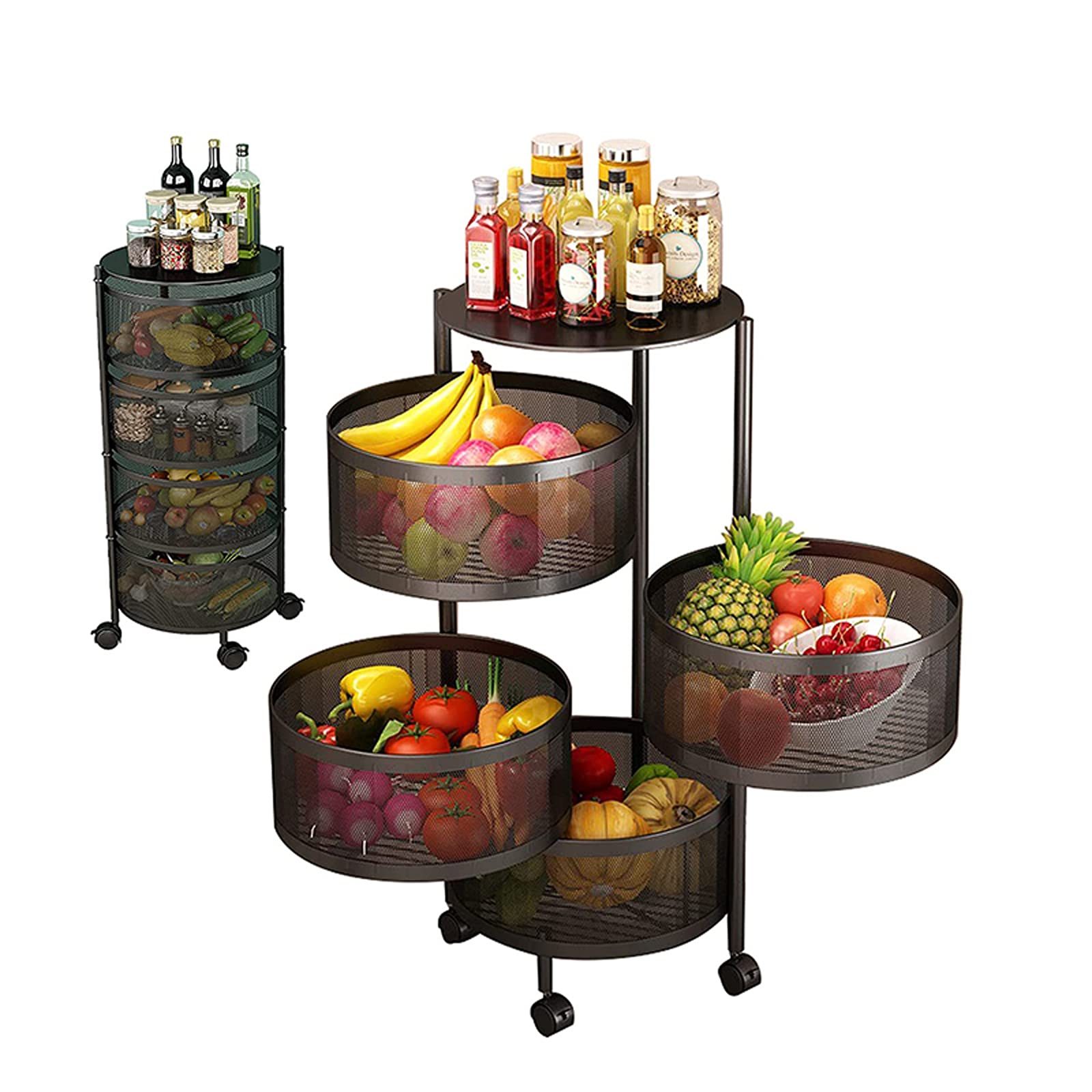 Rotating Kitchen Storage Rack - 4-Tier Black Spinning Organizer for Fruits, Vegetables & Household Items | Space-Saving Solution for Kitchen, Pantry & Bathroom | Perfect for Small Spaces & Clutter-Free Organization