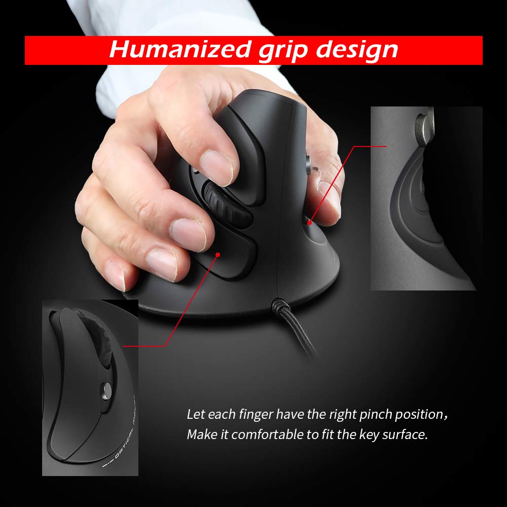 Zelotes Vertical Ergonomic Mouse - 3200 DPI Wired USB Optical Mouse with 6 Buttons, Carpal Tunnel Relief for PC, Laptop, Mac (Black) | Perfect for Office Work, Gaming & Long Computer Sessions