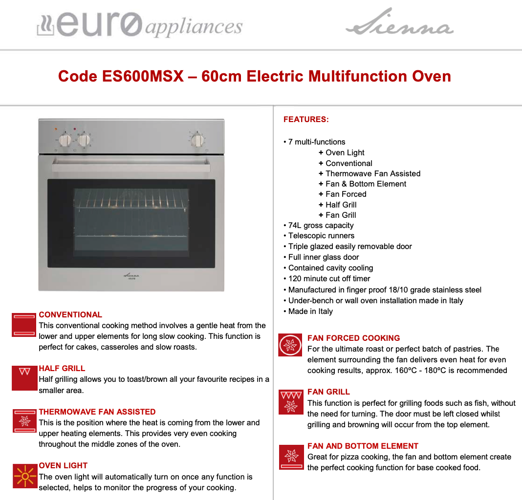 Premium Italian Made ES600MSX Multifunction Electric Oven - Euro Appliances | Convection, Baking & Roasting | Perfect for Home Kitchens & Small Bakeries